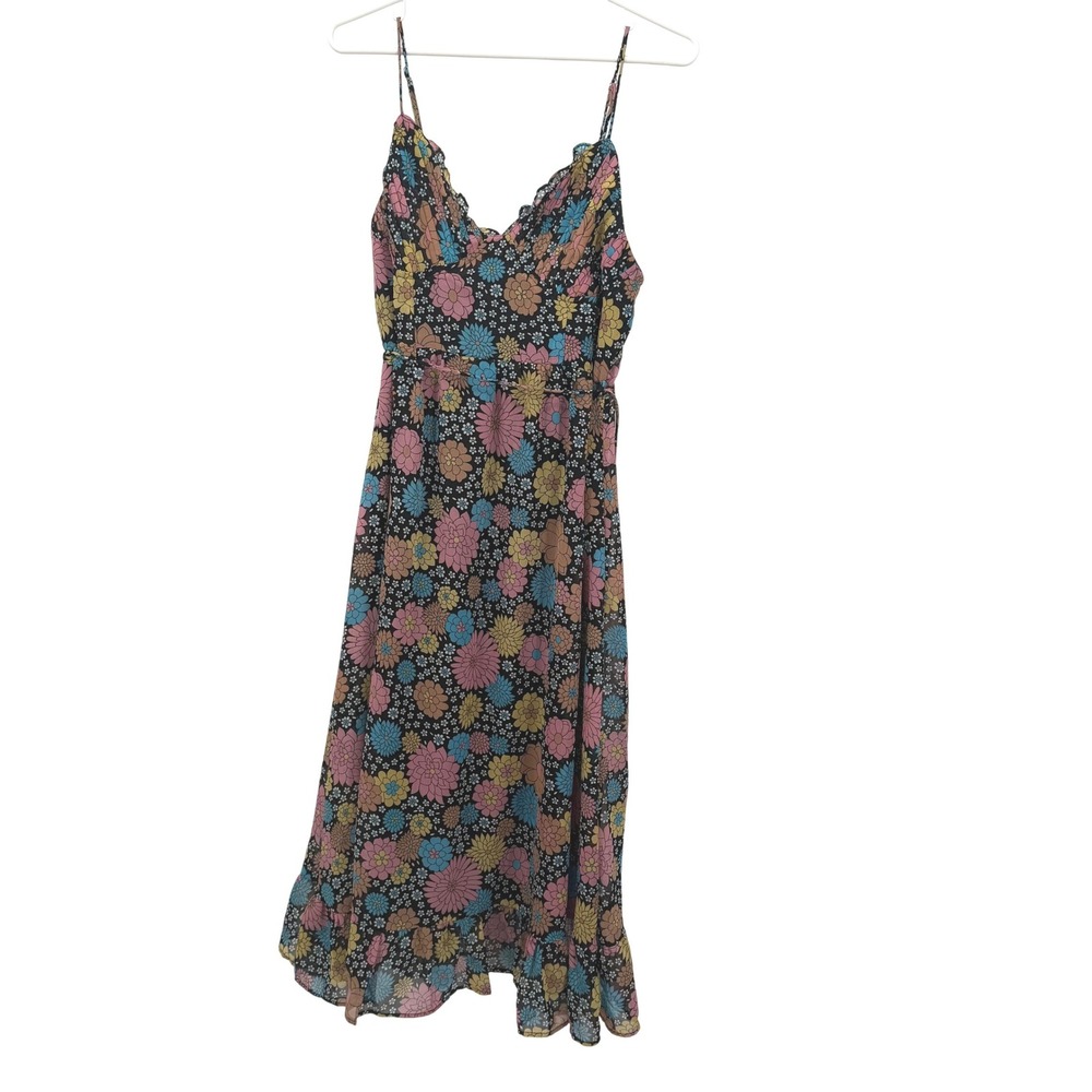 Frille Rose Womens L Midi Dress Black Pink Floral Blue Boho Ruffle Smocked Beach